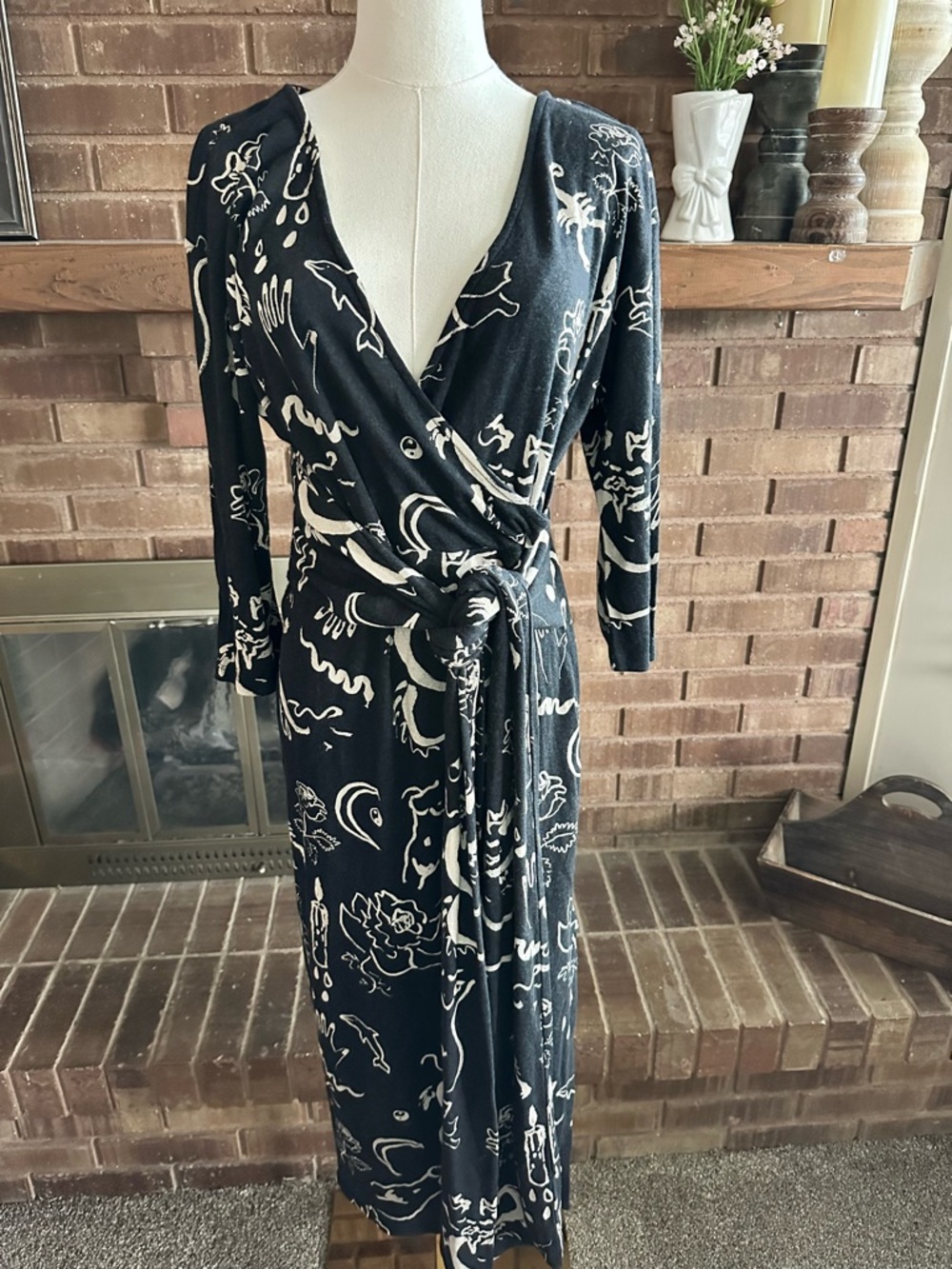 Paloma Wool Black Graphic Line Art Print Wrap Dress Medium